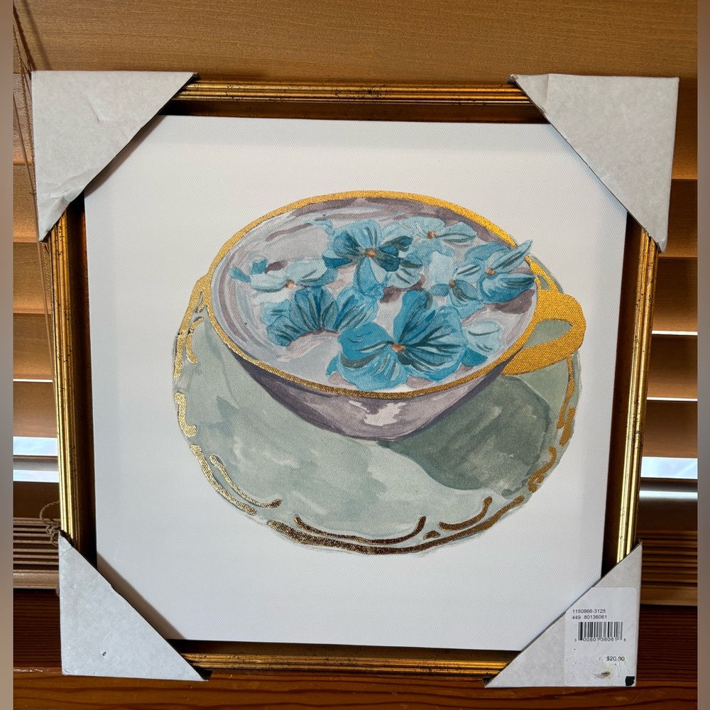 Blue Floral Teacup Wall Art Print NWT with Gold Accents. 12.5” X 12.5”